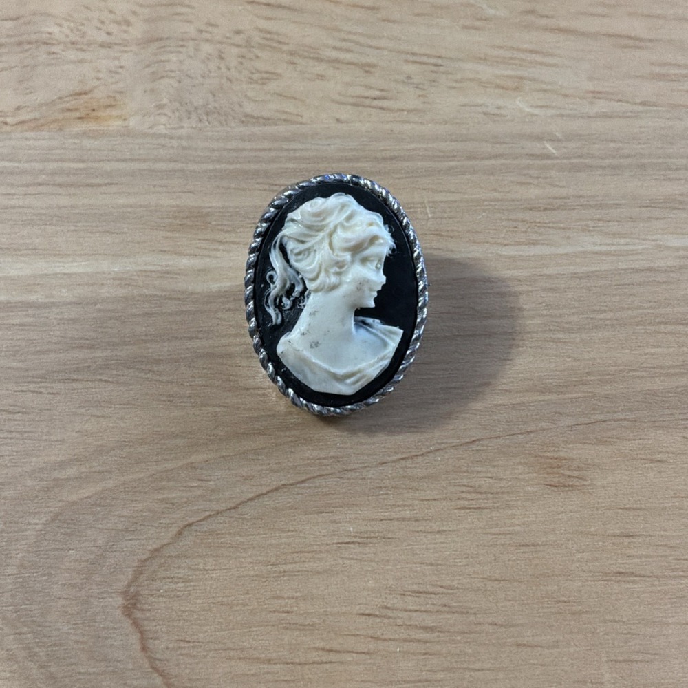 Vintage Victorian Revival Cameo Brooch Silver Tone Black White Pinback USA Made
